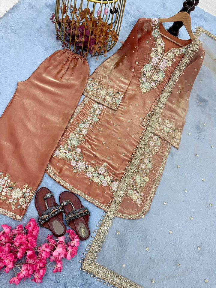 Pure Jimmy Choo Embroidered Top, Plazzo & Dupatta Set - Tiamgee
