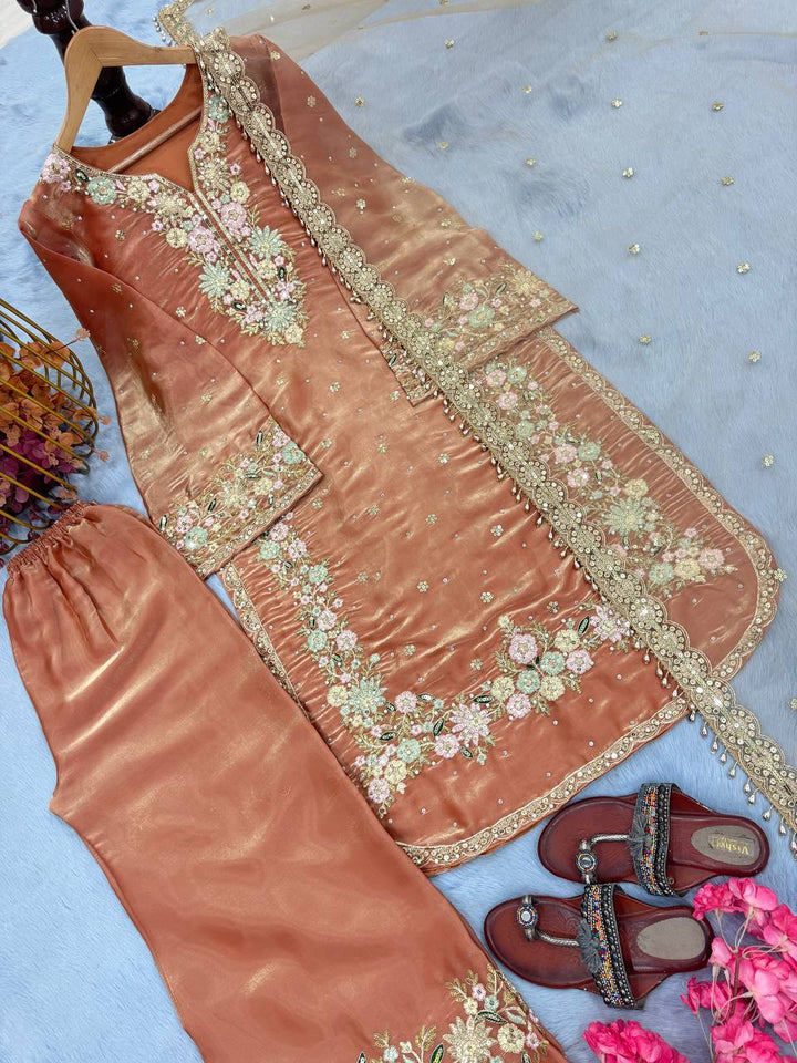 Pure Jimmy Choo Embroidered Top, Plazzo & Dupatta Set - Tiamgee