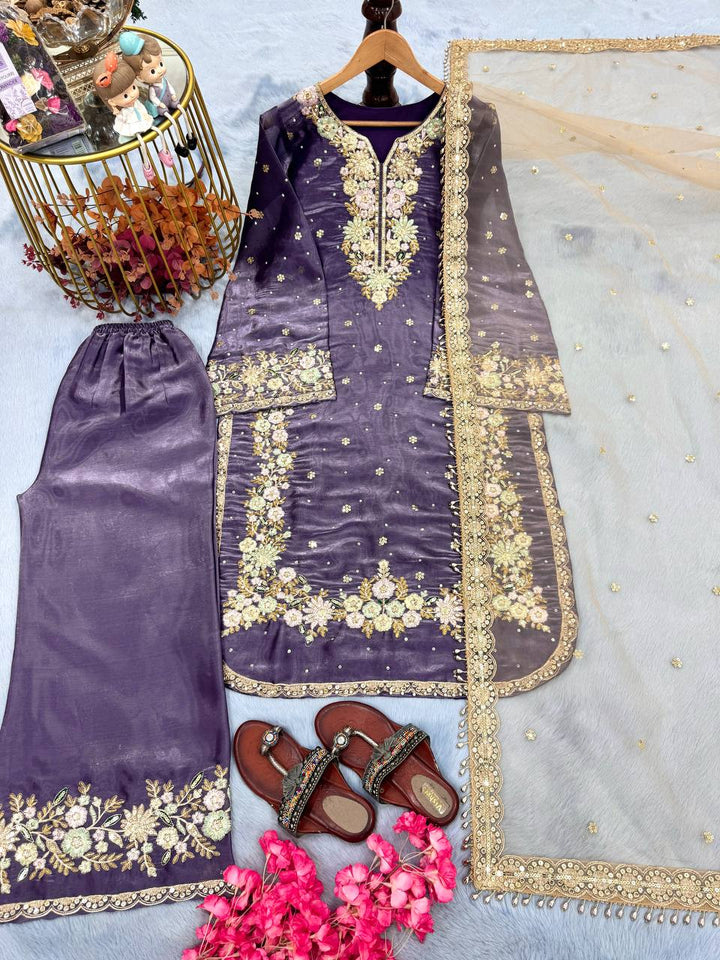 Pure Jimmy Choo Embroidered Top, Plazzo & Dupatta Set - Tiamgee