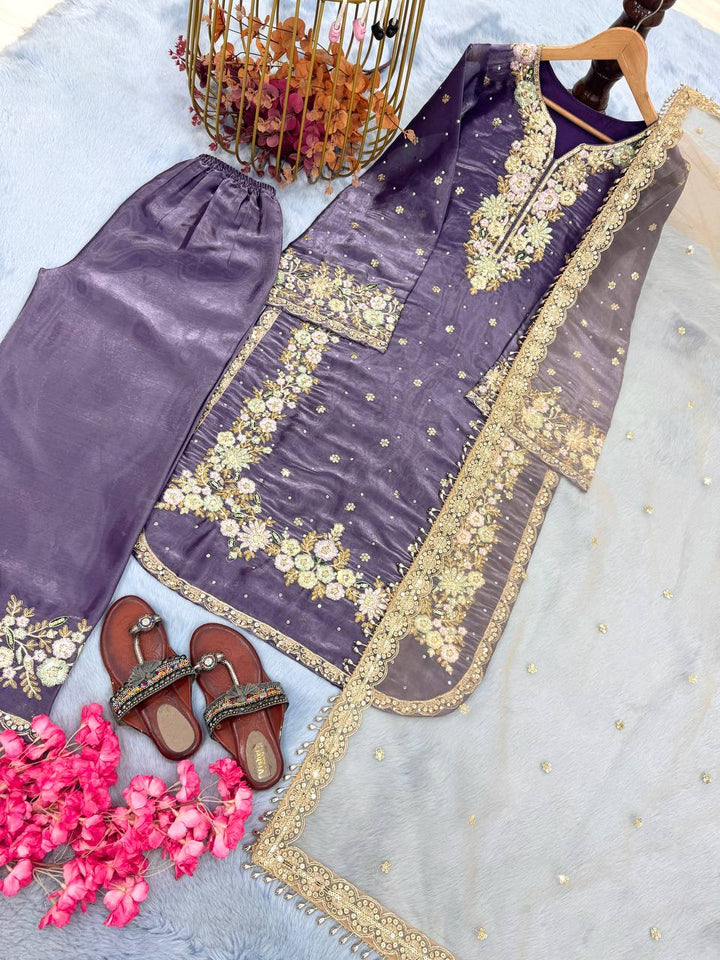 Pure Jimmy Choo Embroidered Top, Plazzo & Dupatta Set - Tiamgee