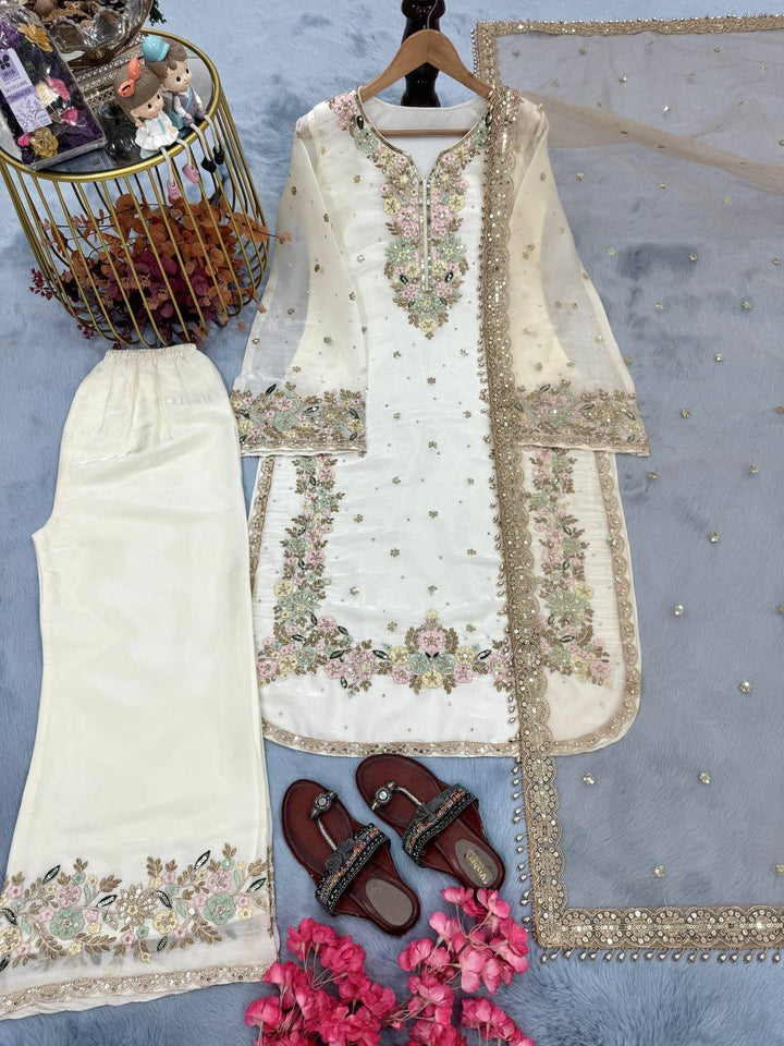 Pure Jimmy Choo Embroidered Top, Plazzo & Dupatta Set - Tiamgee