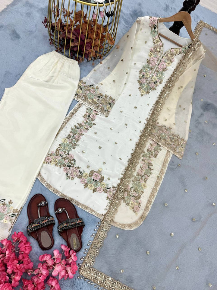 Pure Jimmy Choo Embroidered Top, Plazzo & Dupatta Set - Tiamgee