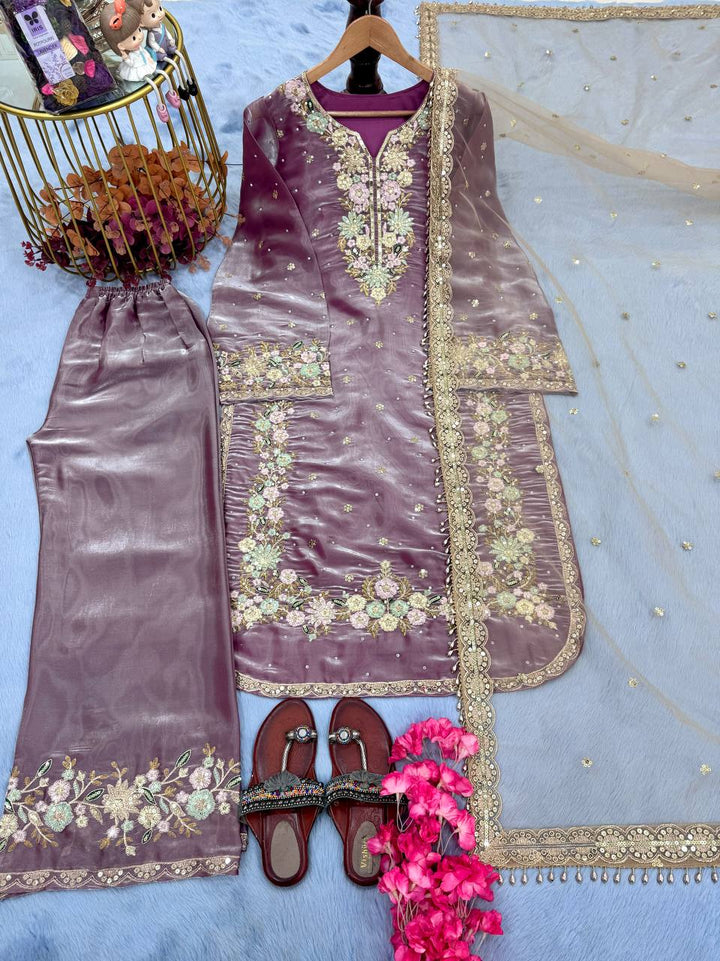 Pure Jimmy Choo Embroidered Top, Plazzo & Dupatta Set - Tiamgee