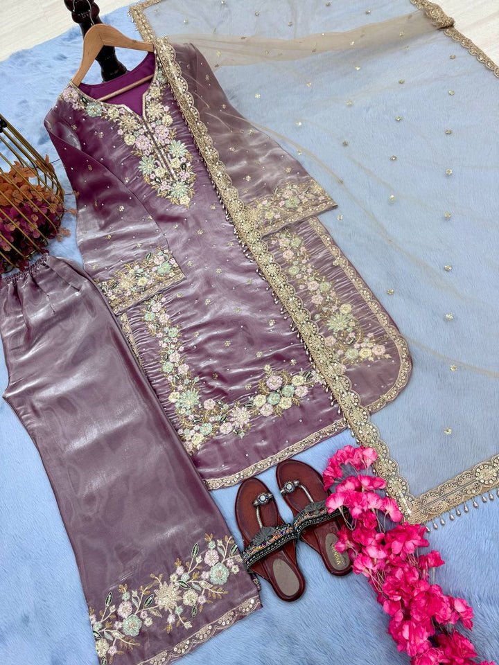 Pure Jimmy Choo Embroidered Top, Plazzo & Dupatta Set - Tiamgee