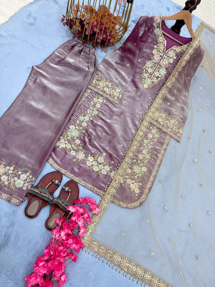 Pure Jimmy Choo Embroidered Top, Plazzo & Dupatta Set - Tiamgee