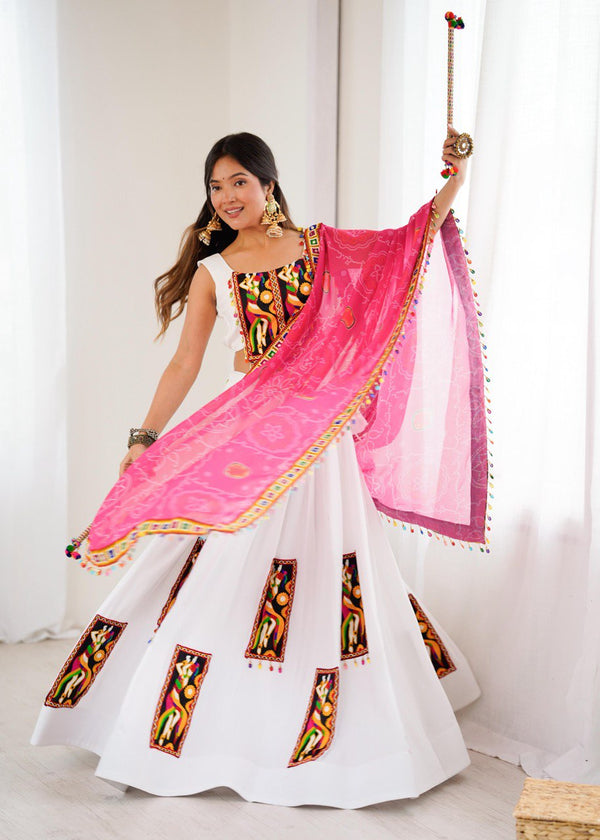 White Heavy Rayon Lehenga Choli with Gamthi Work & Digital Print Dupatta