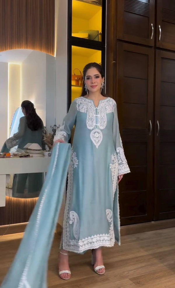 Blue Nylon Organza Embroidered Suit Set