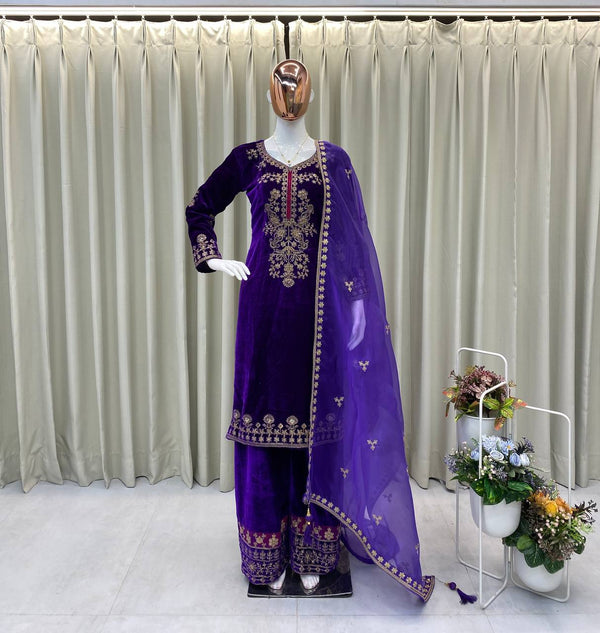 Purple Velvet Embroidered Suit Set