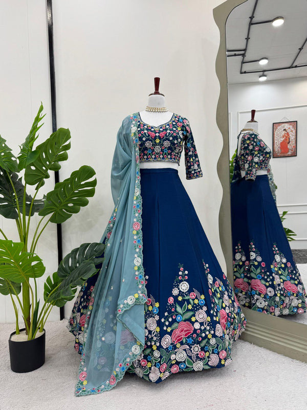 Blue Satin Silk Lehenga Set with Embroidered Dupatta