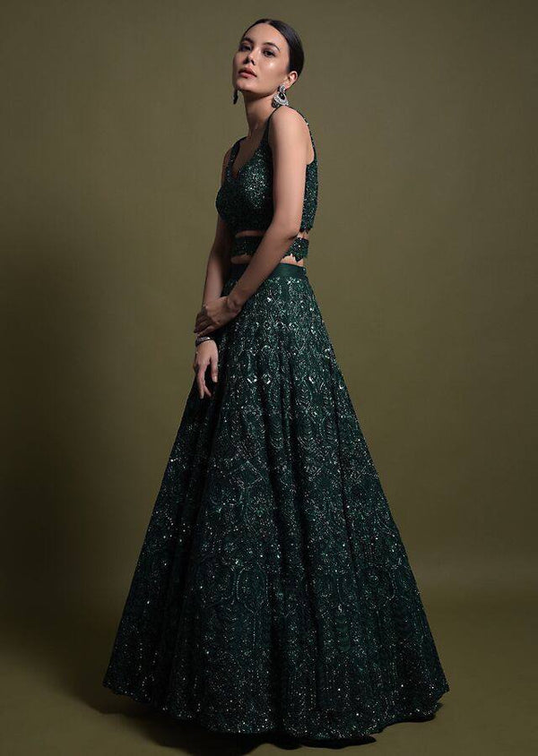 [product_color] Bottle Green Net Lehenga Set with Sequins, Thread & Dori Work - Tiamgee