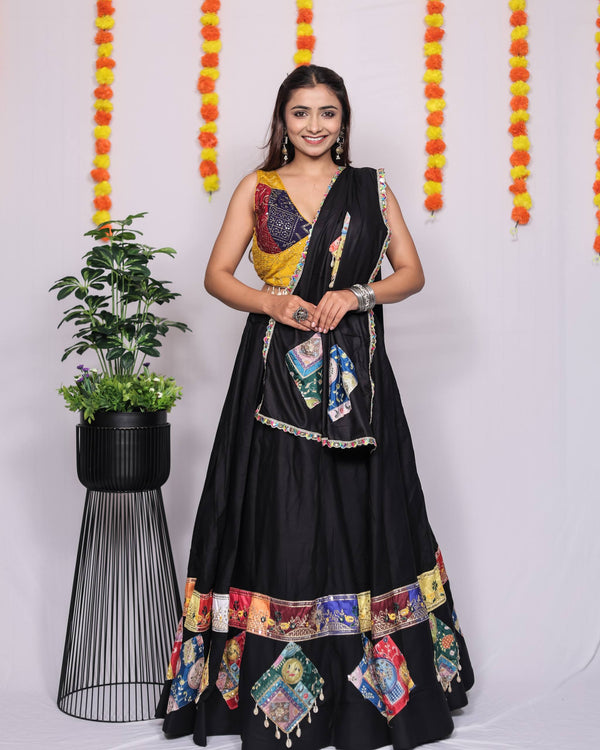 Black Sequin Gamthi Patchwork Lehenga Choli Set