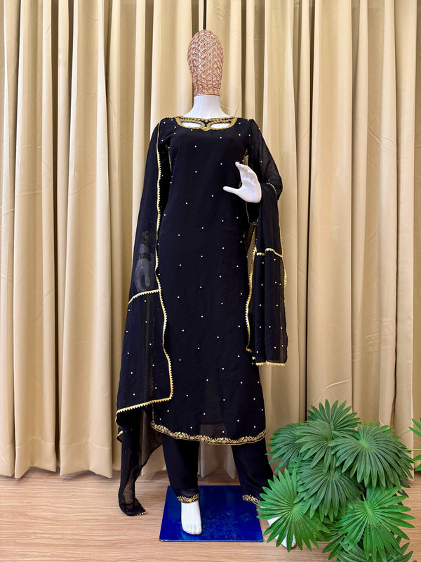 Faux Georgette Embroidered Set with Real Pearl Moti Work