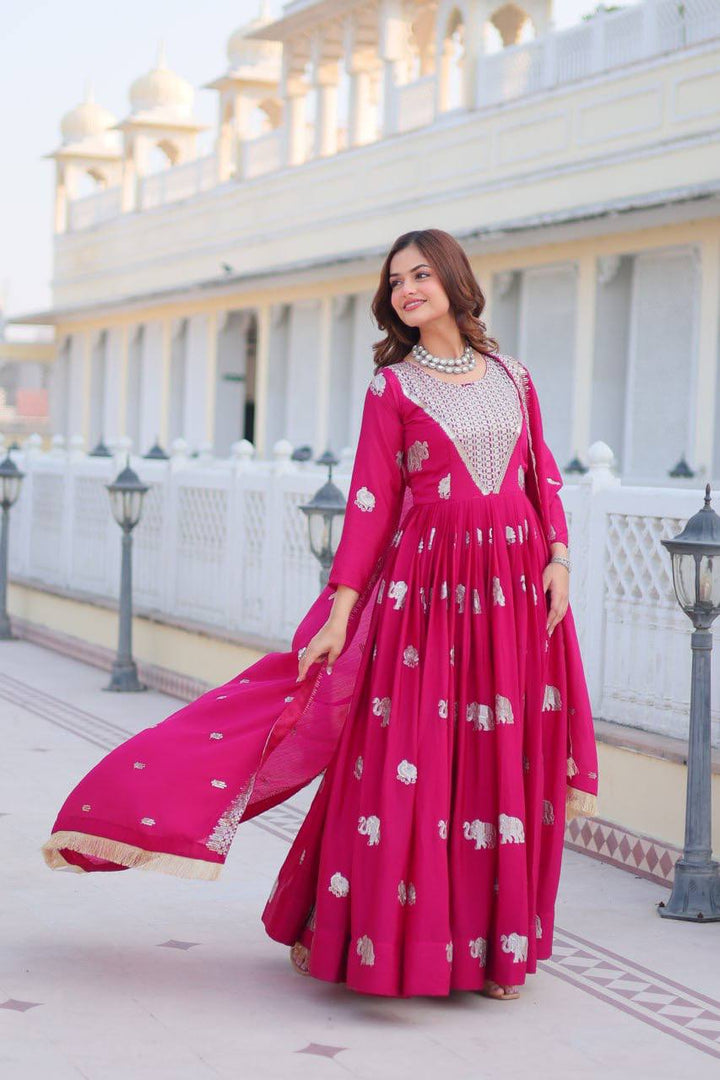 Purple & Pink Embroidered Faux Georgette Gown with Dupatta - Tiamgee