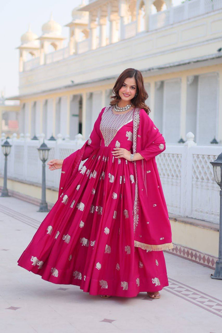 Purple & Pink Embroidered Faux Georgette Gown with Dupatta - Tiamgee