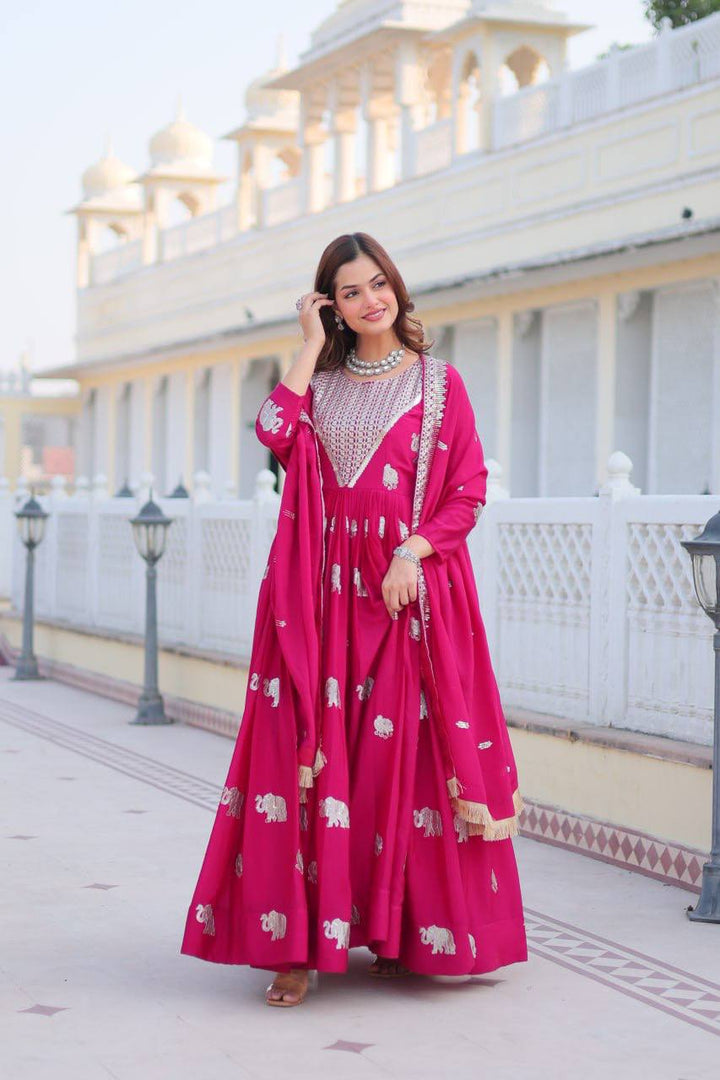 Purple & Pink Embroidered Faux Georgette Gown with Dupatta - Tiamgee