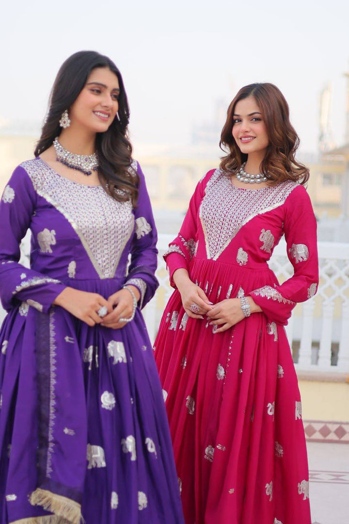 Purple & Pink Embroidered Faux Georgette Gown with Dupatta - Tiamgee