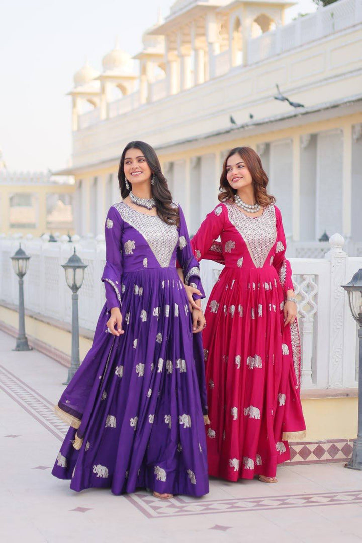 Purple & Pink Embroidered Faux Georgette Gown with Dupatta - Tiamgee