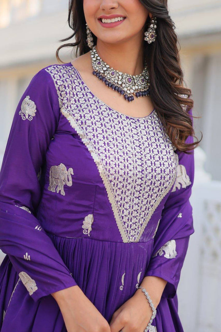 Purple & Pink Embroidered Faux Georgette Gown with Dupatta - Tiamgee