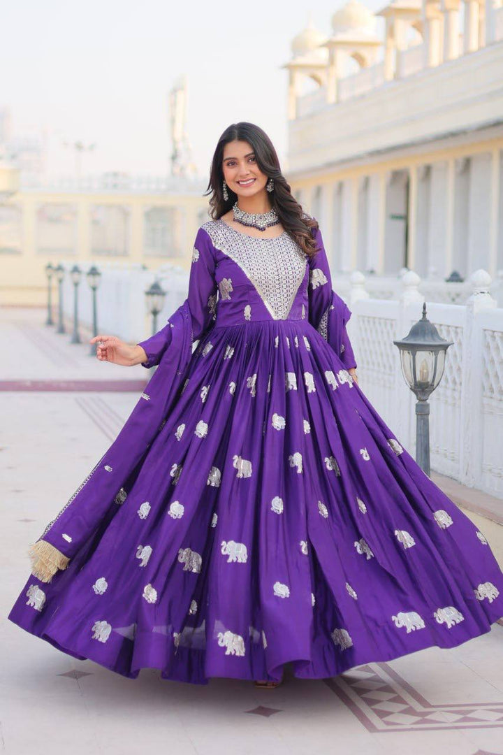 Purple & Pink Embroidered Faux Georgette Gown with Dupatta - Tiamgee