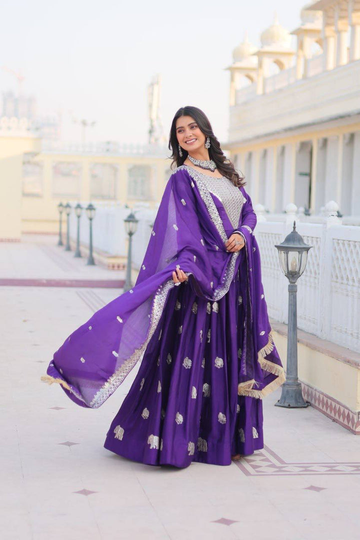 Purple & Pink Embroidered Faux Georgette Gown with Dupatta - Tiamgee