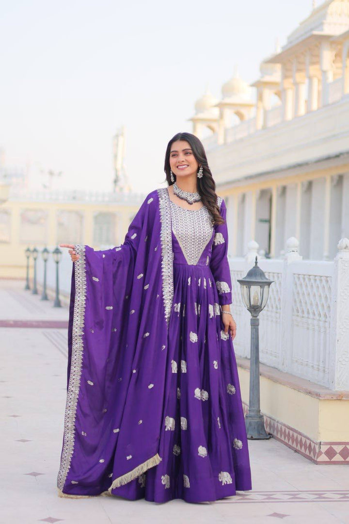 Purple & Pink Embroidered Faux Georgette Gown with Dupatta - Tiamgee