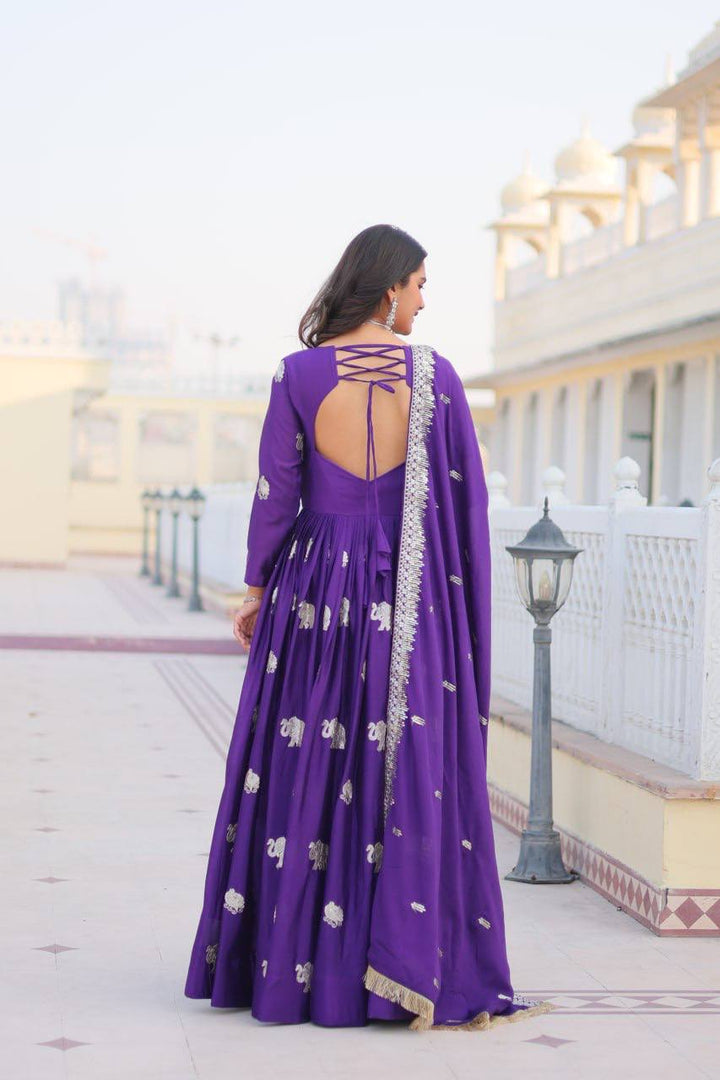 Purple & Pink Embroidered Faux Georgette Gown with Dupatta - Tiamgee