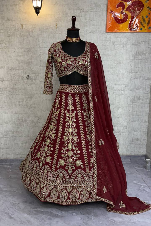 Maroon Faux Georgette Lehenga with Sequins &amp; Real Mirror Embroidery