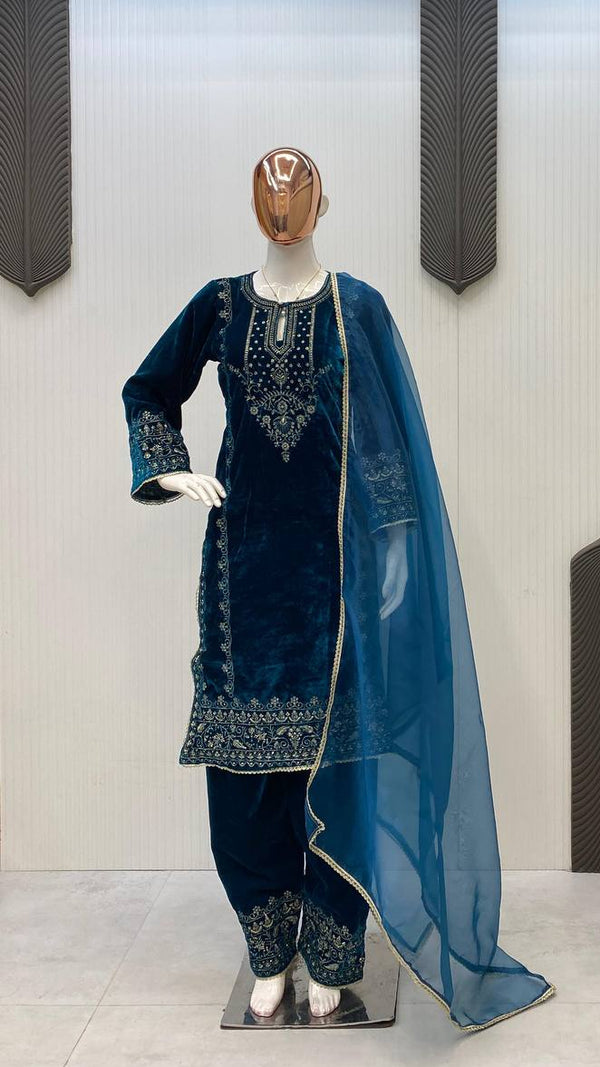 Teal Velvet Embroidered Top With Matching Plazzo Set