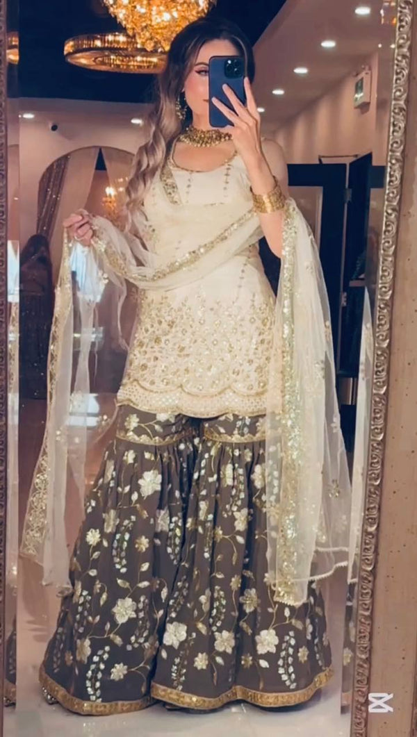 White Heavy Chinon Silk Embroidered Sharara Set