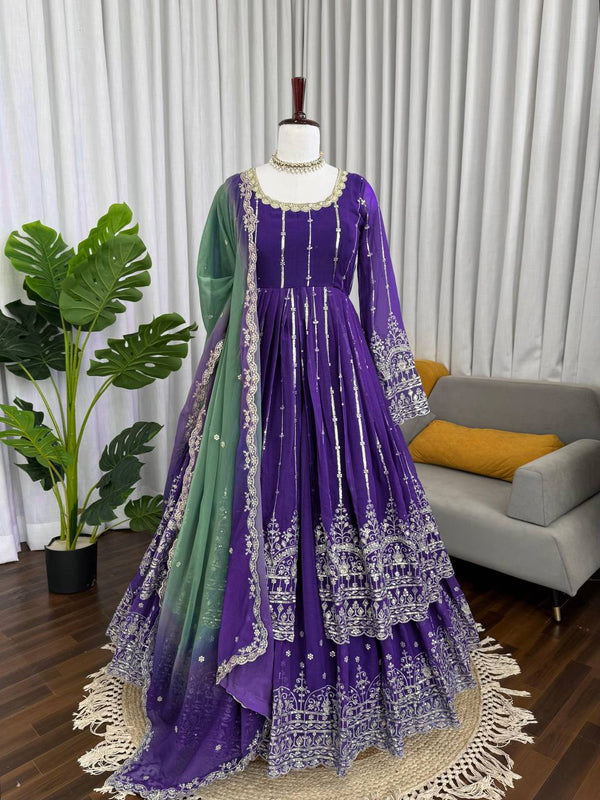 Purple Faux Georgette Gown, Lehenga & Dupatta Set