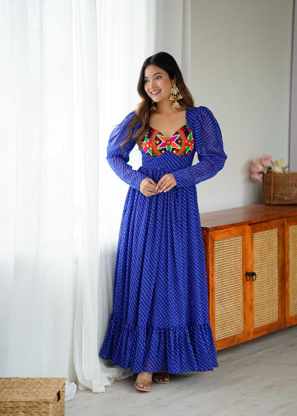 Blue Georgette Gown with Digital Print & Chain-Stitch Work