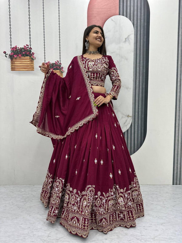 Maroon & Dark Blue Vichitra Silk Heavy Embroidered Lehenga Choli Set