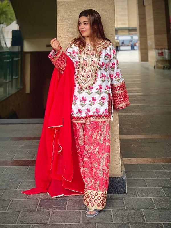 Red Natural Crepe Digital Print & Embroidered Farshi Palazzo Suit Set