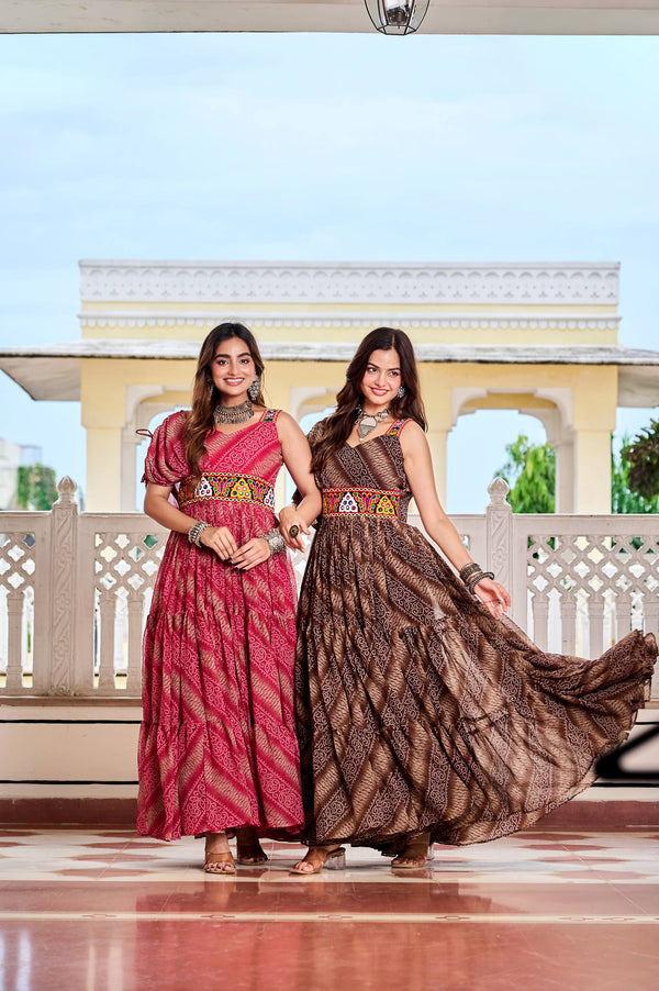 Brown & Red Navratri Special Bandhni Faux Georgette Gown with Gamathi Work