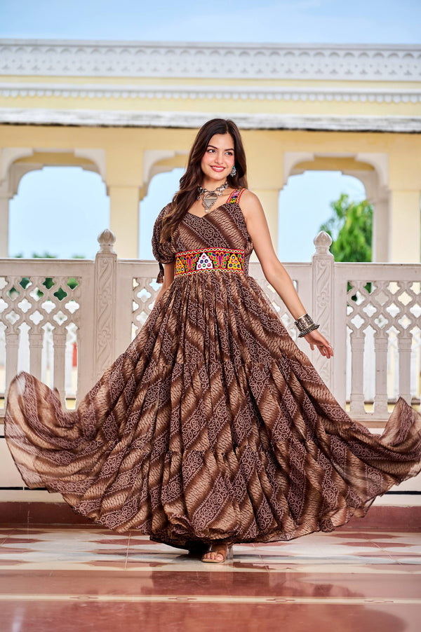 Brown & Red Navratri Special Bandhni Faux Georgette Gown with Gamathi Work