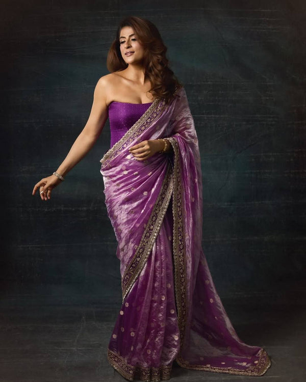 Purple Soft Mocha Silk Embroidered Saree