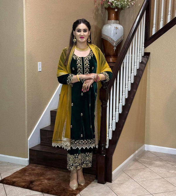 Dark Green Velvet Sequin Embroidered Top & Plazzo Set with Georgette Dupatta