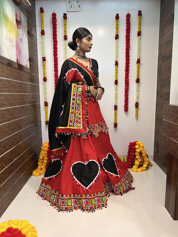 Red Cotton Silk Gamthi Work Lehenga Choli (7 Meter Flair)