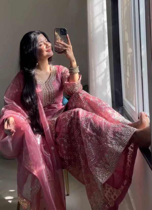 Organza Silk Embroidered Palazzo Set