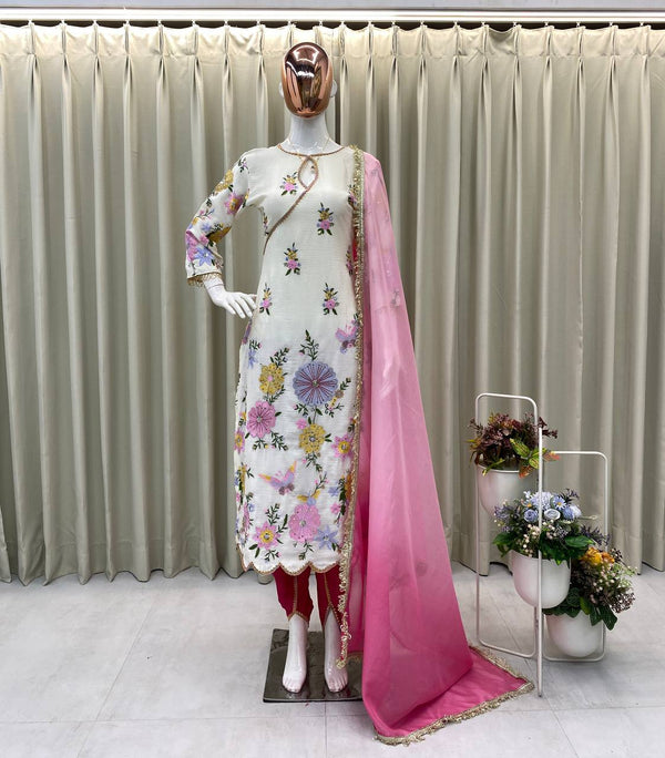 White Chinon Embroidered Suit Set