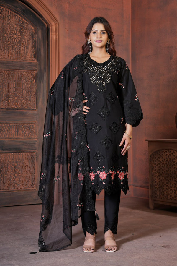 Black & White Viscose Roman Embroidered Suit Set