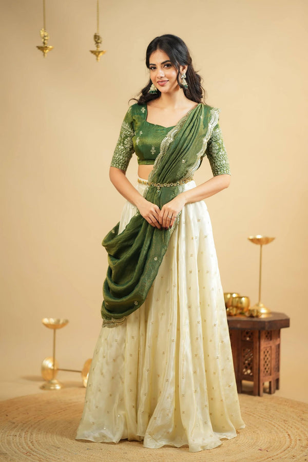Pure Crepe Silk Lehenga with Sequins & Zari Work, Shimmer Silk Blouse and Dupatta