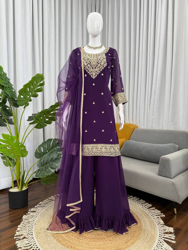 Purple Faux Georgette Plazo Set