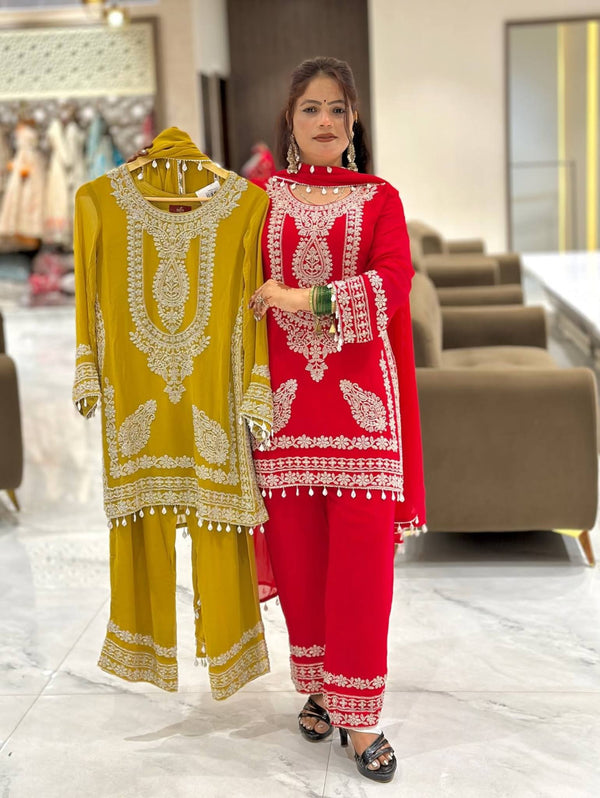 Red & Yellow 3-Piece Kurti Set with Sequins Embroidery & Dupatta