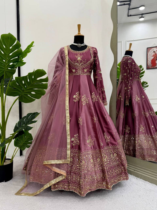 Rose Gold Japan Satin Anarkali with Embroidery and Dupatta