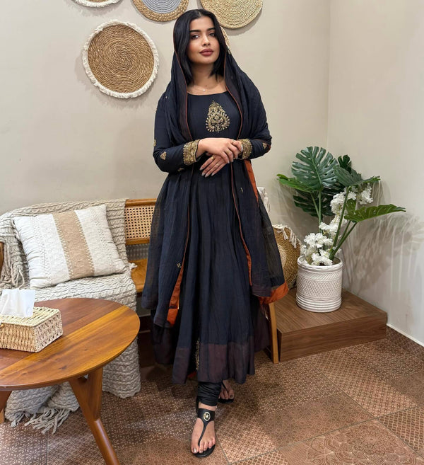 Black Heavy Faux Georgette Anarkali Set with Embroidery & Sequin Work