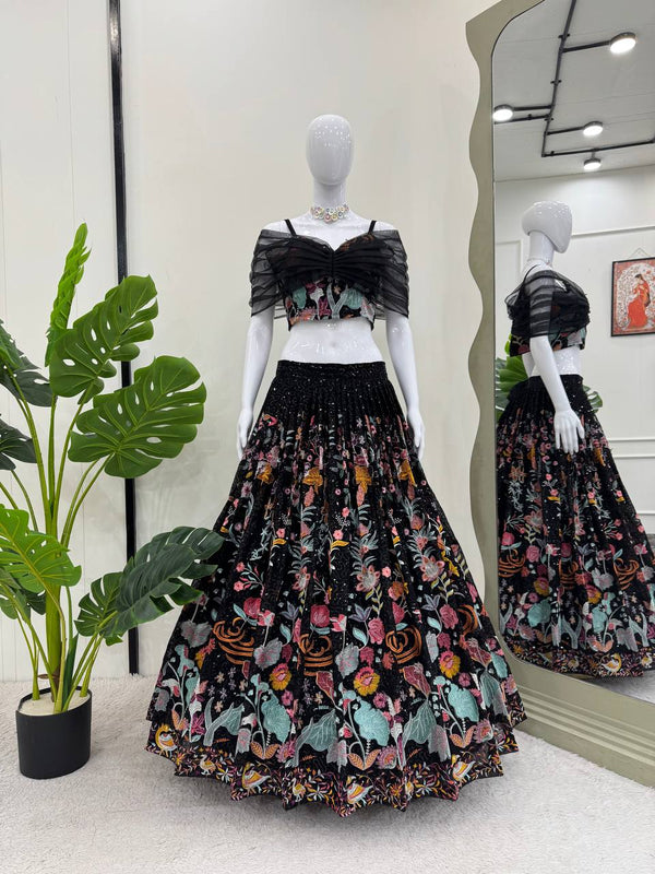 Black Faux Georgette Embroidered Lehenga Choli with Dupatta