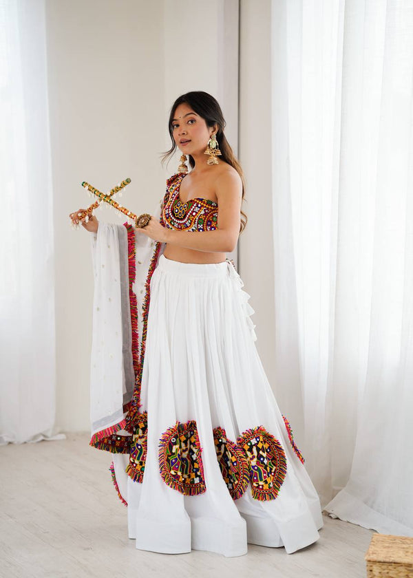 Whitw Heavy Rayon Lehenga Choli with Gamthi Thread & Real Mirror Work