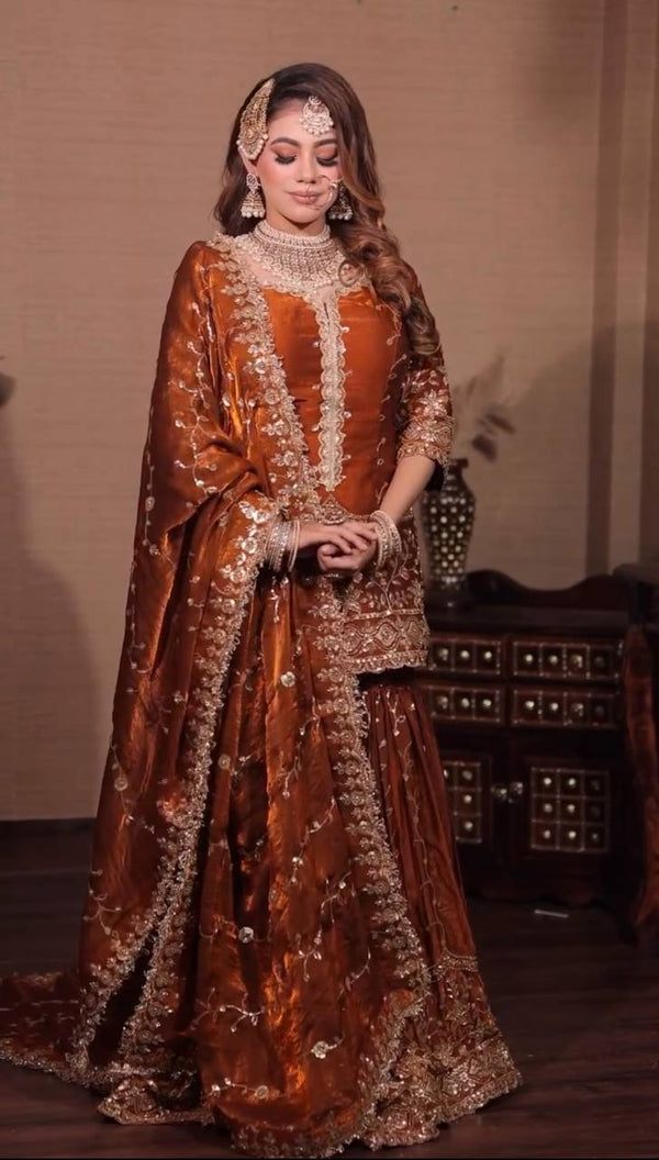 Orange Pure Fendy Silk Embroidered Top with Bottom and Dupatta