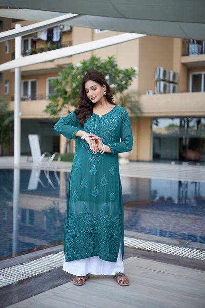 Georgette Kurti with Embroidered Cotton Thread Work & Plazo